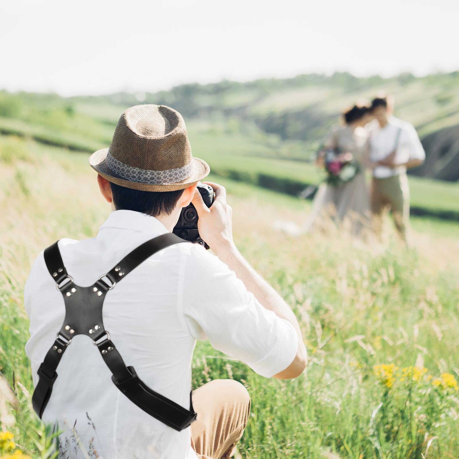 Kameragurt für 2 Kameras,Leder kamera gurt für DSLR-/SLR-Kameras,Verstellbare doppelte Schultergurte Geeignet für Outdoor-Fotografie
