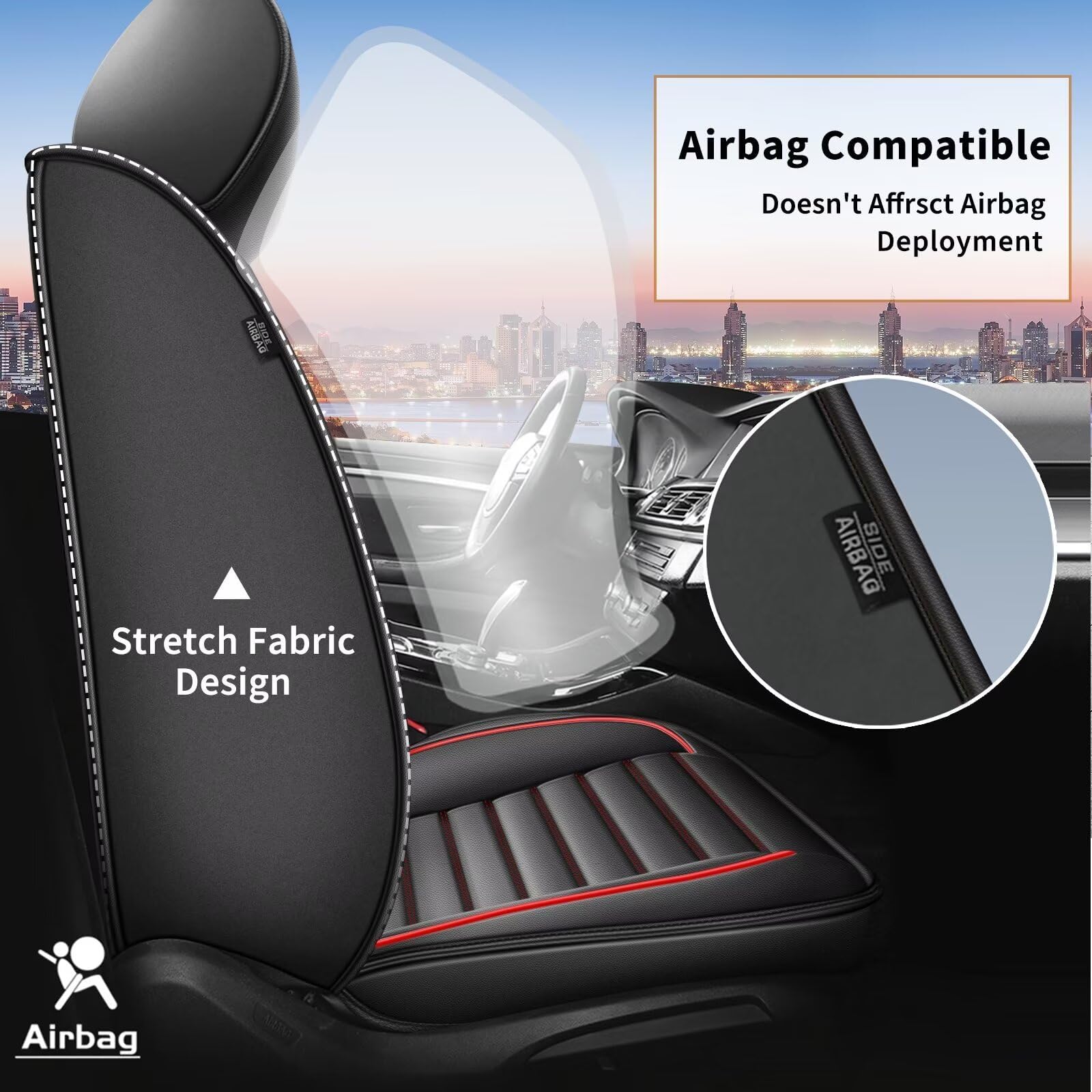 IKABEVEM Car Seat Cover Fit for Mitsubishi Eclipse Cross 2018-2025 2026 Black Faux 2 Front Seat Cover Airbag Compatible Waterproof Seat Cushion Automotive Interior Accessories(Red Line)