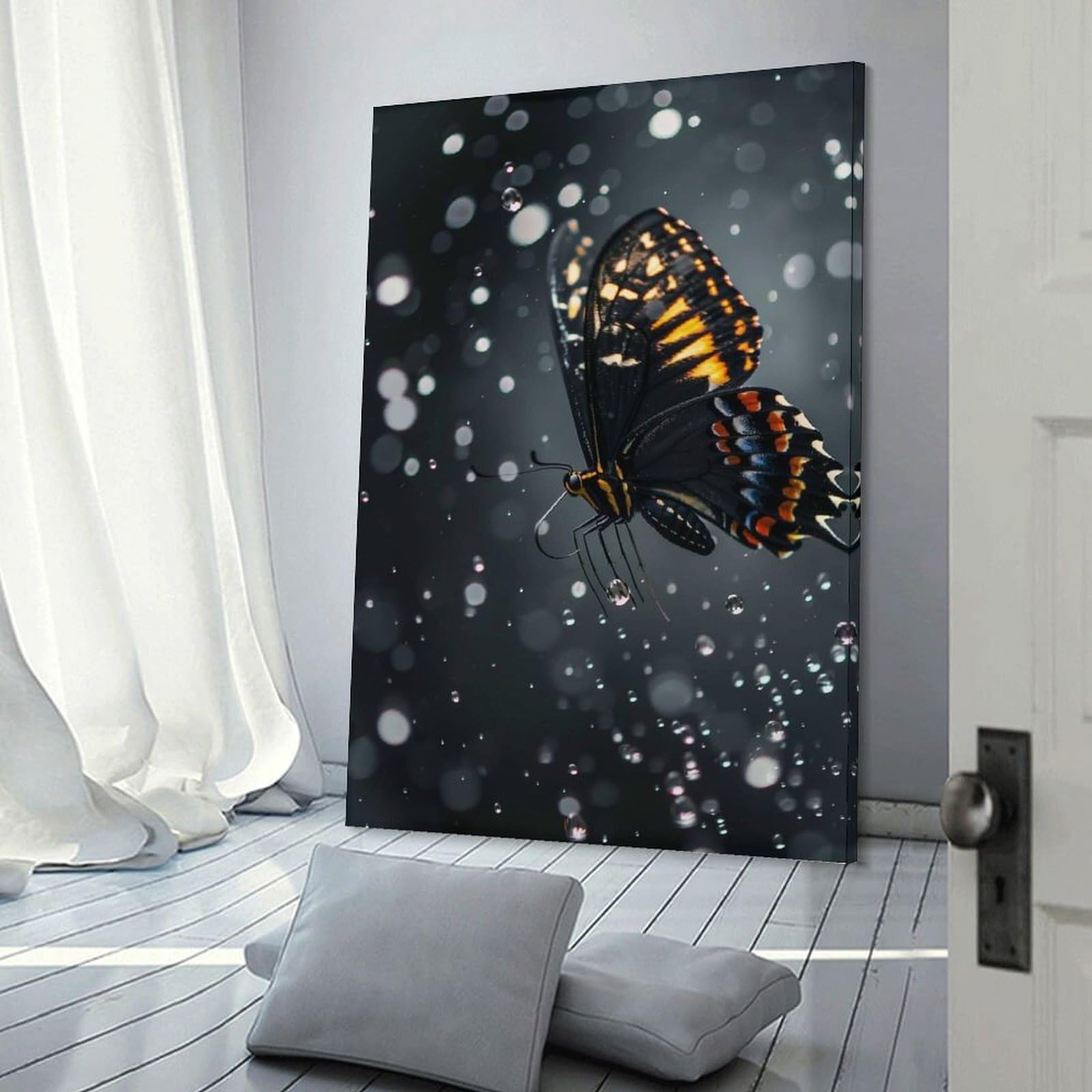 Junmoney Frame-Style-3 Butterflies In Raindrops Canvas Wall Picture, 24X36inch(60X90cm), For Study, Office Or Focused Interiors, Home Office Artwork With Decorative Appeal