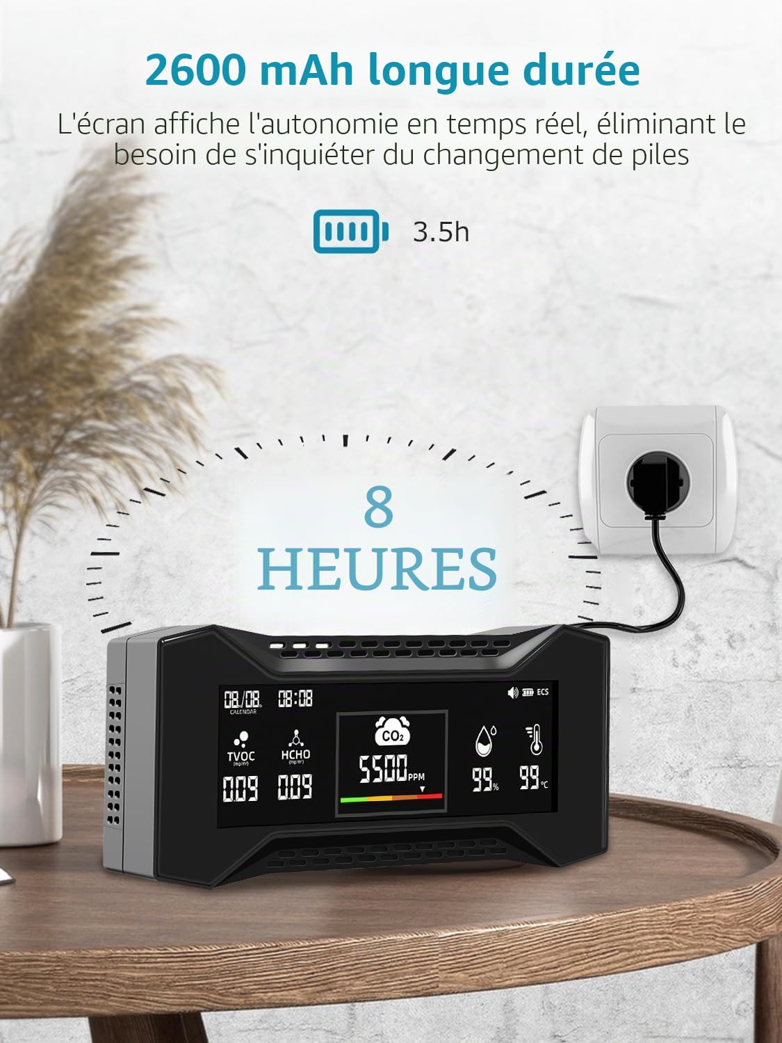 Upgraded CF-20 Moniteur de qualité de l'air Professionnel 10 en 1, capteur co2 et PM2.5, alertes intelligentes de l'AQI, qualité de l'air intérieur Rechargeable pour Une Utilisation au Bureau