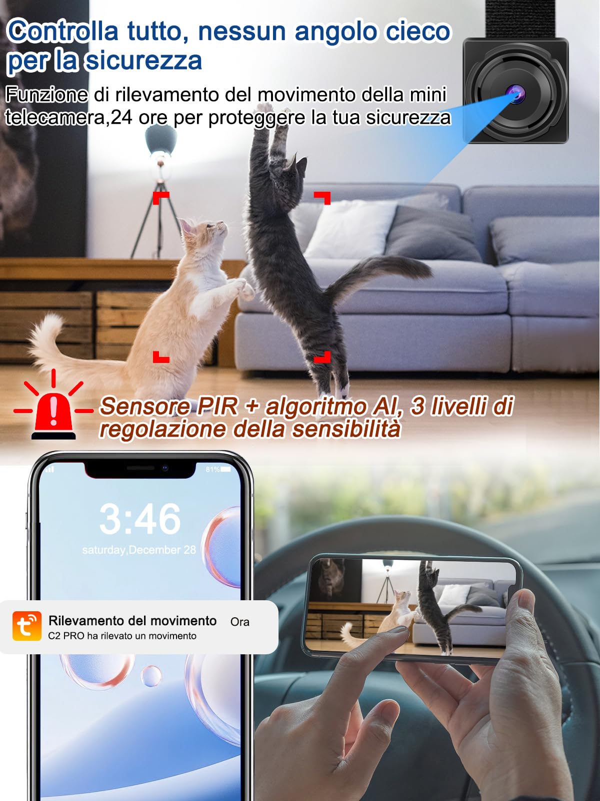 Telecamera Wireless Mini, Ricaricabile 4K/1080P, Compatibile con Tuya Smart App e 2.4Ghz, Angolo Ampio, Visione in Tempo Reale, Funzione di Registrazione Video e Scatto Fotografico, Allarme Rilevament