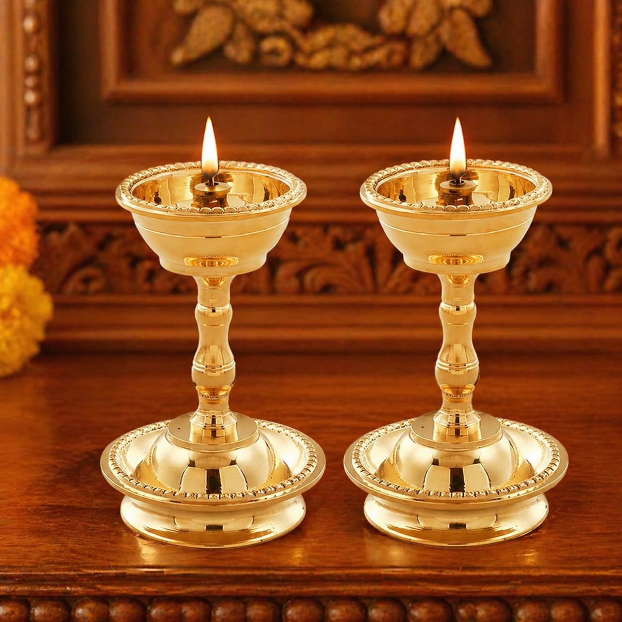 Sacch | Pure Brass Udupi Nanda Diya for Puja (Set of 2), Traditional Gold Finish-image-1