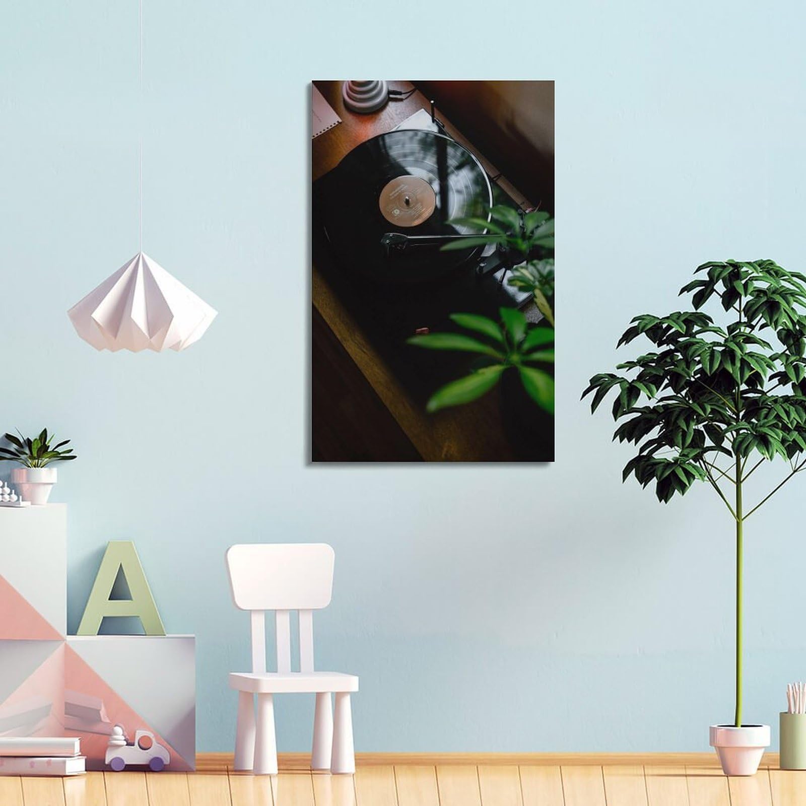 Gramofon z płytą winylową i zieloną rośliną sztuka ścienna, retro muzyka dekoracja do domu i salonu plakat dekoracyjny obraz płótno plakaty ścienne i artystyczny obraz druk nowoczesny rodzinny