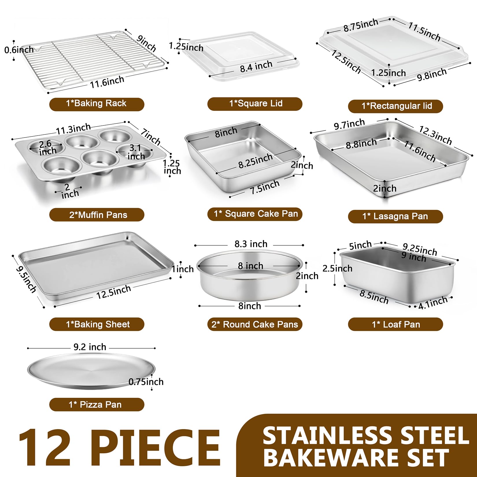 P&P CHEF - Juego de 12 moldes para hornear de acero inoxidable, incluye bandeja para hornear con estante, molde redondo/cuadrado, molde para lasaña, molde para pan, molde para magdalenas, bandeja para