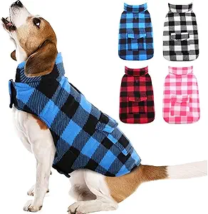 Kuoser Dog Winter Coat, Windproof Dog Fleece Jacket British Style Plaid Cold Weather Doggie Vest Coats, Reversible Cozy Warm Puppy Clothes Pet Apparel for Small Dogs S