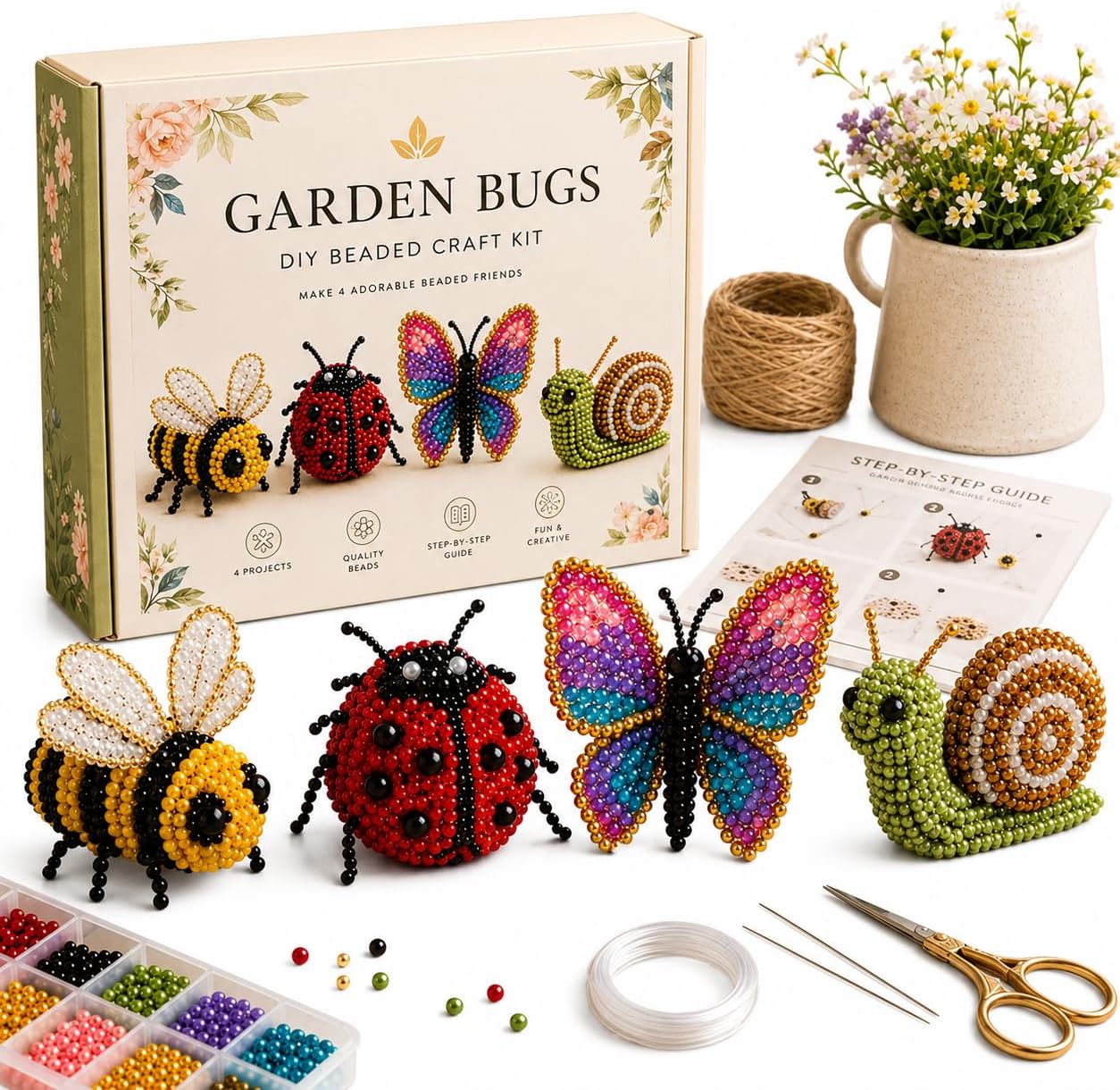 Tiny 3D Beaded Animal DIY Kit,42 Unique Designs Craft Set with Colorful Beads, Beginner Handmade Jewelry Art Project for Adults Teens Home Desk Decor (Garden Bugs)