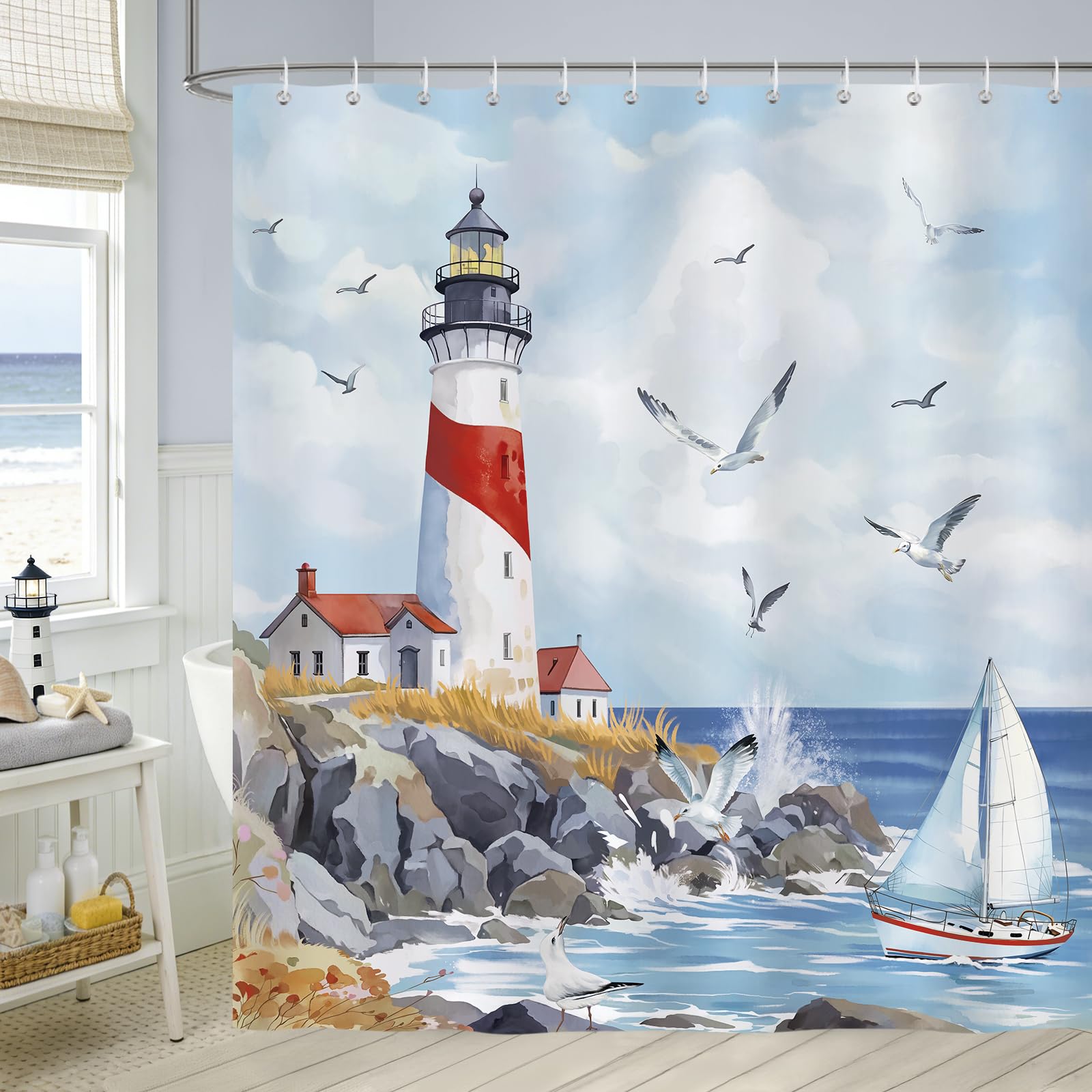 Bonhause Nautical Coastal Shower Curtain, Lighthouse Sailboat Ocean Bathroom Curtain 180 x 180 cm Waterproof Mildew and Mould Resistant Polyester Fabric Bath Curtain with 12 Hooks