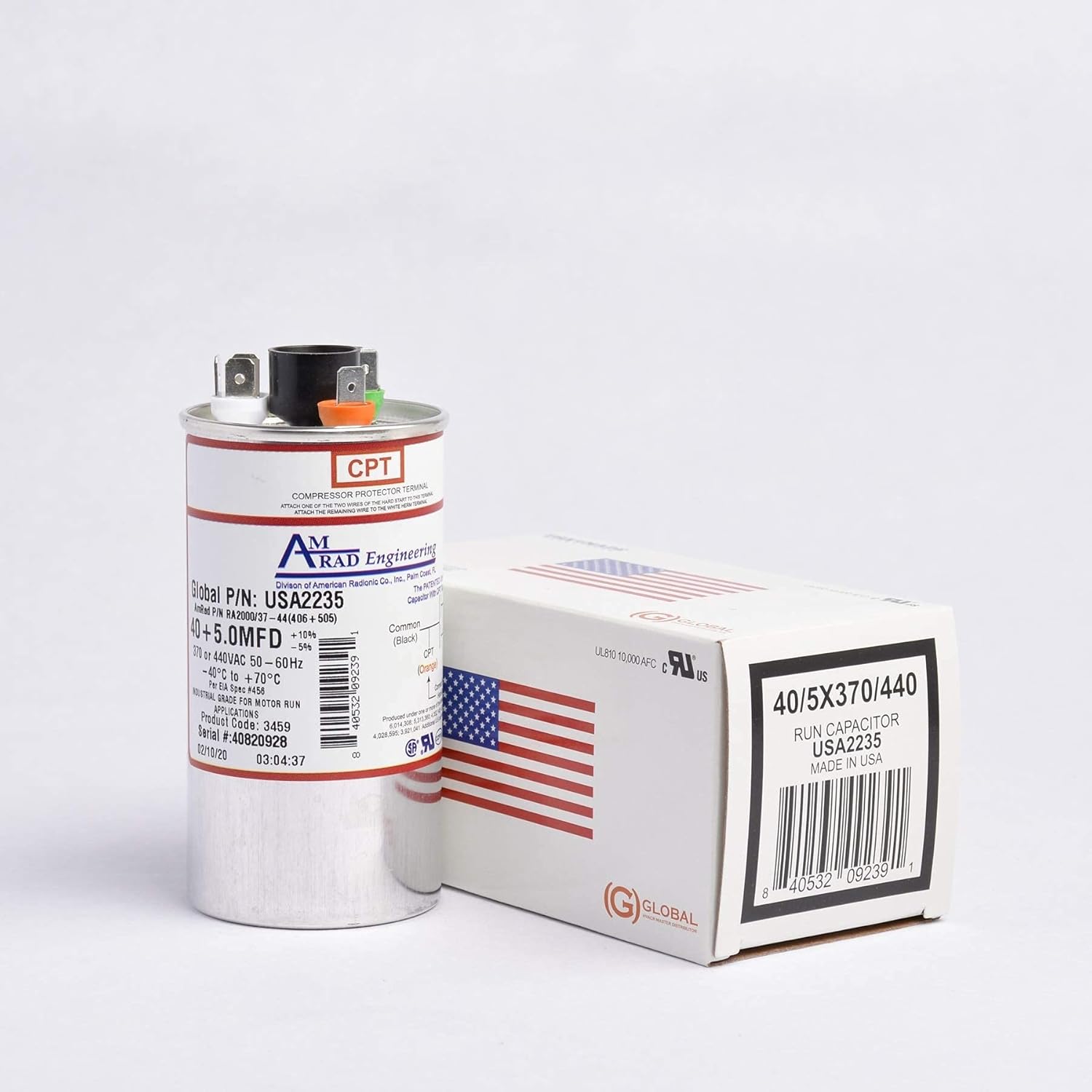 40 + 5 uf/Mfd Round Dual Universal Capacitor Amrad USA2235 w/CPT Terminal - Used for 370 or 440 VAC, Made in the U.S.A.