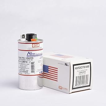 40 + 5 uf/Mfd Round Dual Universal Capacitor Amrad USA2235 w/CPT Terminal - Used for 370 or 440 VAC, Made in the U.S.A.
