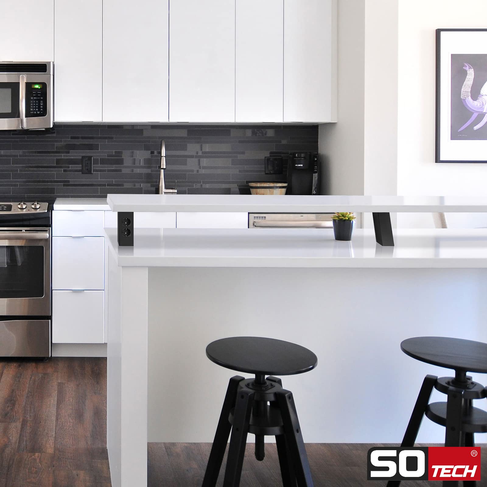 SOTECH Soporte de Barra Recto con zócalos (70 x 70 mm, Altura 170 mm, Capacidad de Carga 30 kg, Negro) Soporte de mostrador para encimeras de Madera o Cristal