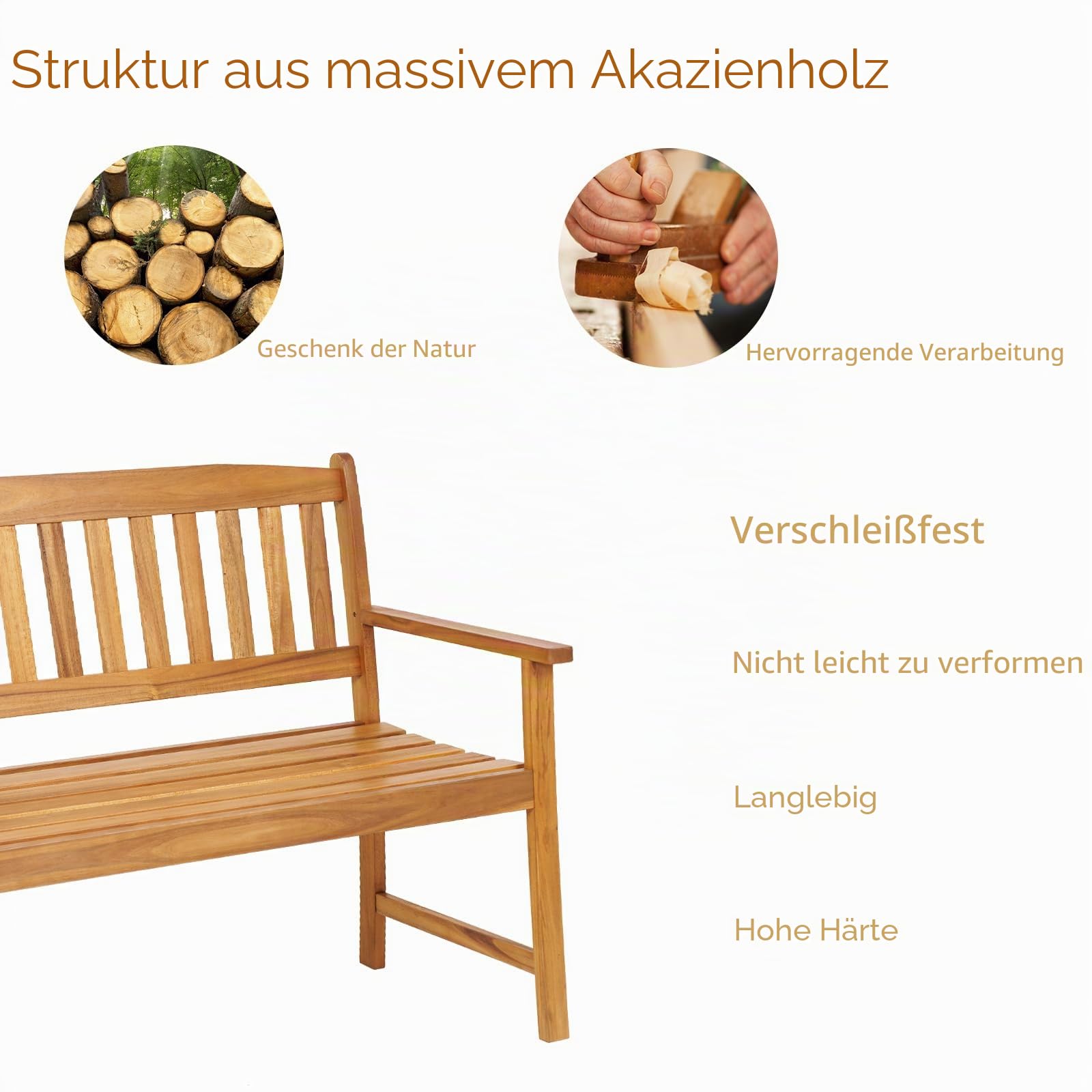 KOMFOTTEU 2 Sitzer Gartenbank, Sitzbank aus Akazienholz, Außenbank mit Rückenlehne und Armlehnen, Parkbank bis 360 kg belastbar für Balkon Garten Terrasse, Natur (110x56,5x86cm)