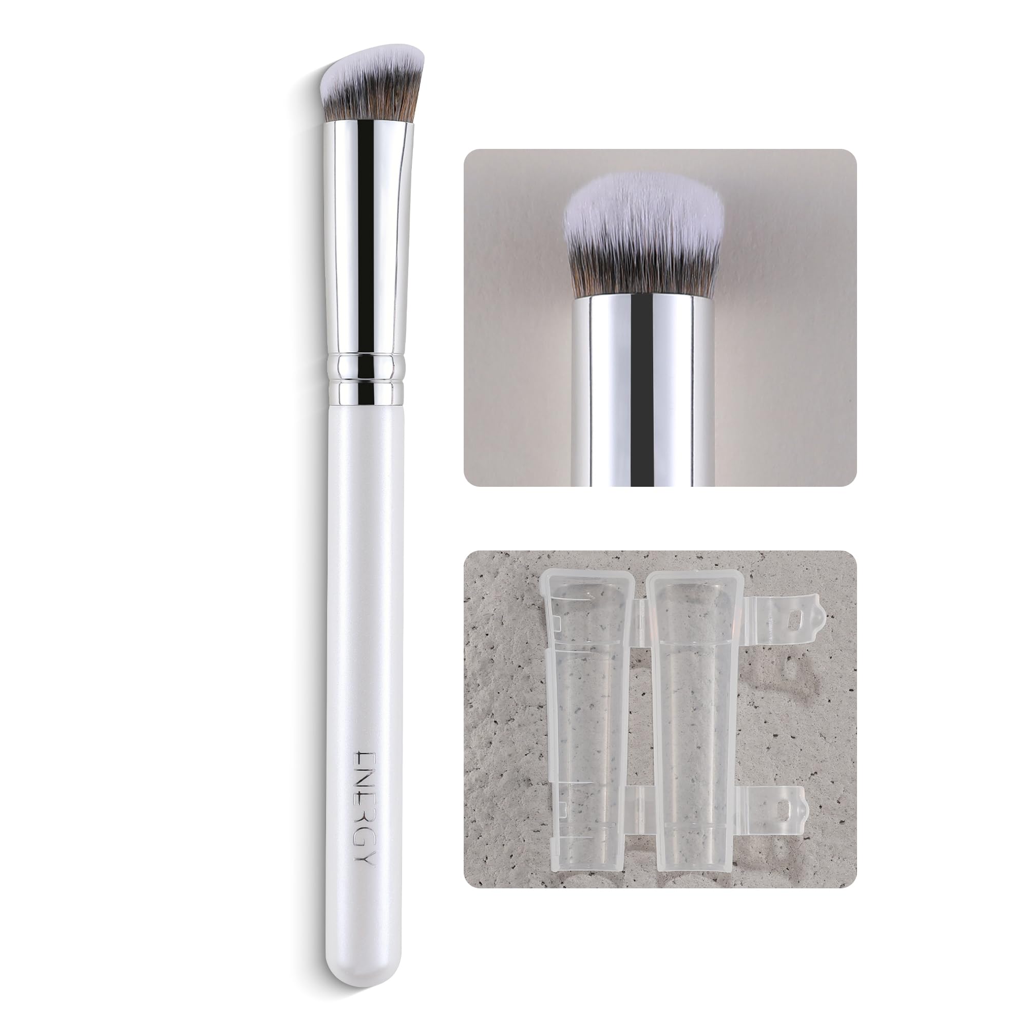 ENERGY Concealer Brush,Professional Under Eye Makeup Small Angled Precision Face Blending Brush-Liquid Cream Foundation Concealer for Dark Circles,Make Up Nose Contour Applicator Vegan (Teardrop,White)