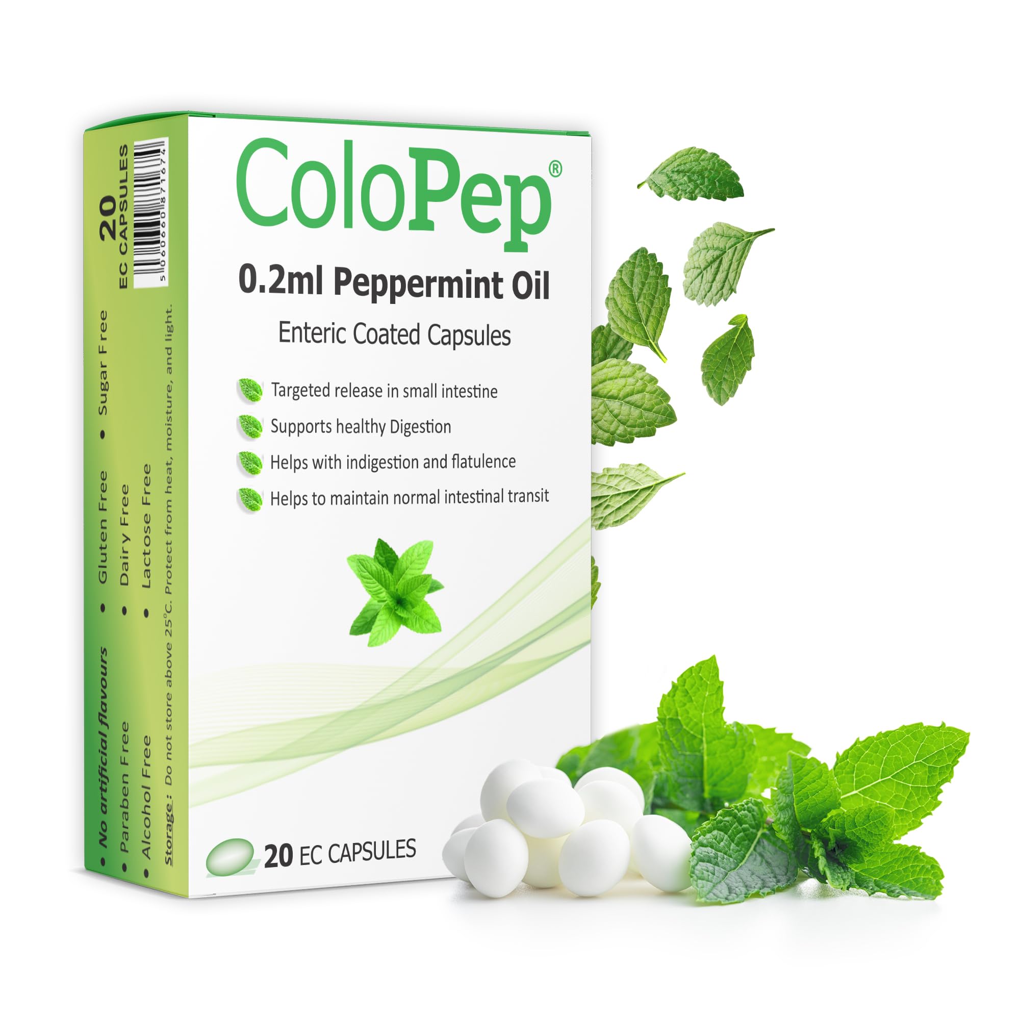 ColoPep Peppermint Oil Capsules | Enteric Coated Gastro-Resistant Natural Mint Capsules for Healthy Digestion, Bloating | Encased in Hygienic Blister Packs - 20 Soft Gel Capsules (0.2ml Each)