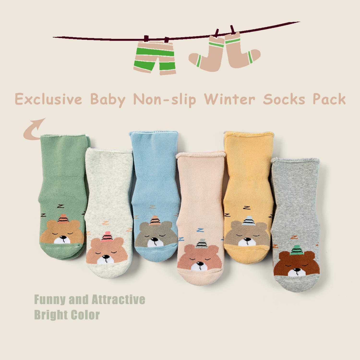 HowJoJo Baby Warm Socks With Grips For Baby Boys Non Slip Winter Socks Baby Girls Thick Crew Socks 6 Pack 6-12 Months