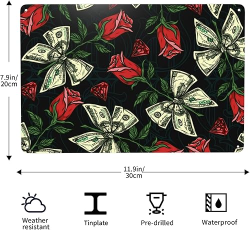 Miniatura 3 de Metal Tin Sign Banknote Rose Metal Sign Suitable For Home Garden Kitchen Bar Cafe Restaurant Retro Wall Decor 8x12in