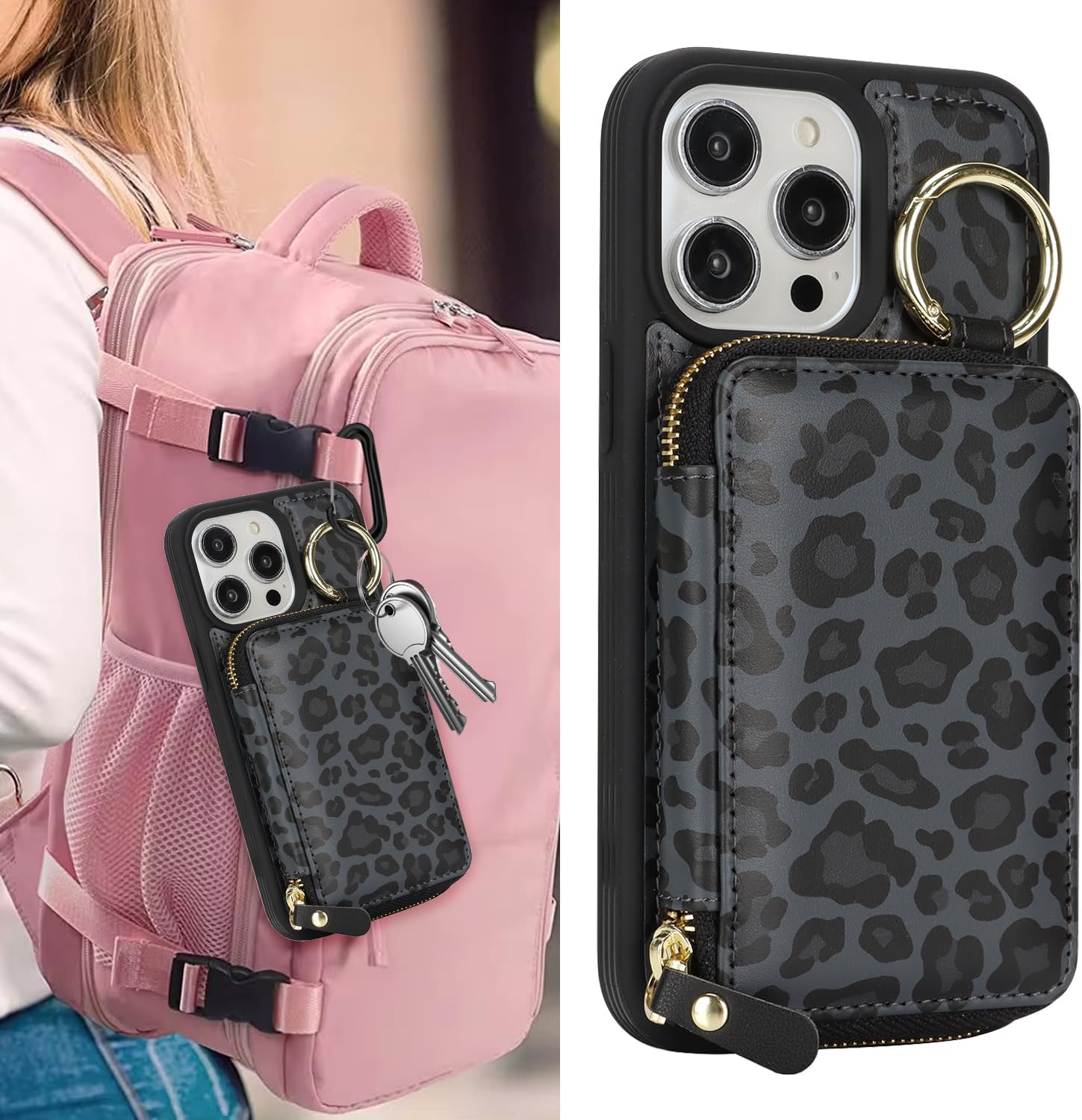 for iPhone 15 Pro Max Case Wallet with Card Holder,for iPhone 15 Pro Max Phone case Wallet with Zipper with Slot Kickstand Stand Case for Women and Man 5G 6.7 Inch-Black Leopard