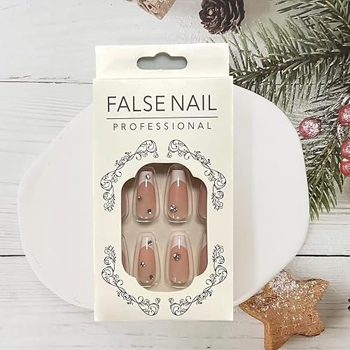 Miniatura 5 de Uñas postizas a presión con puntas francesas, uñas postizas de color rosa medio con diamantes de imitación brillantes, uñas postizas acrílicas de