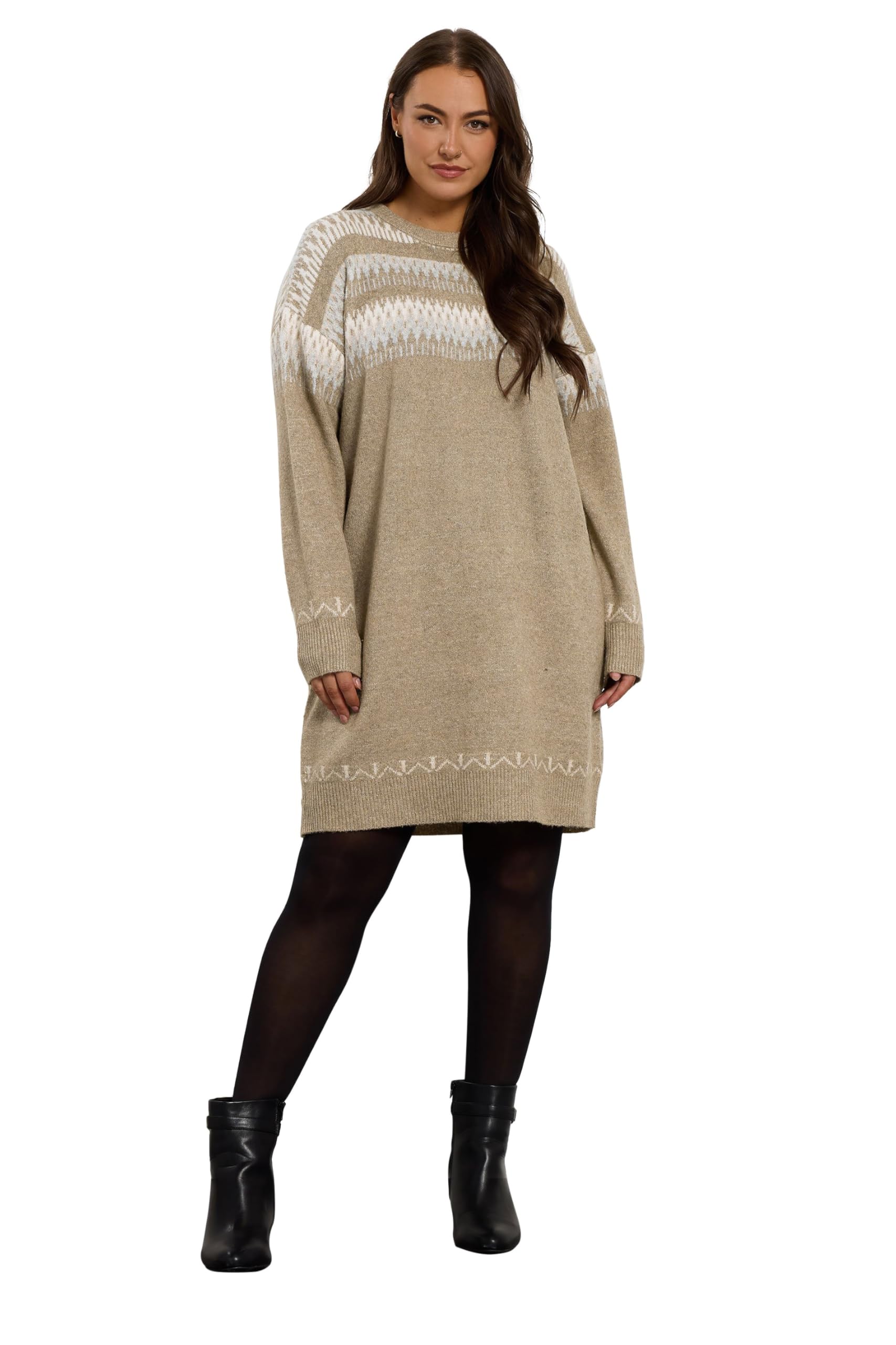 Evans Women's Natural Curve Brown Fairisle Jumper Dress - Plus Size Curve