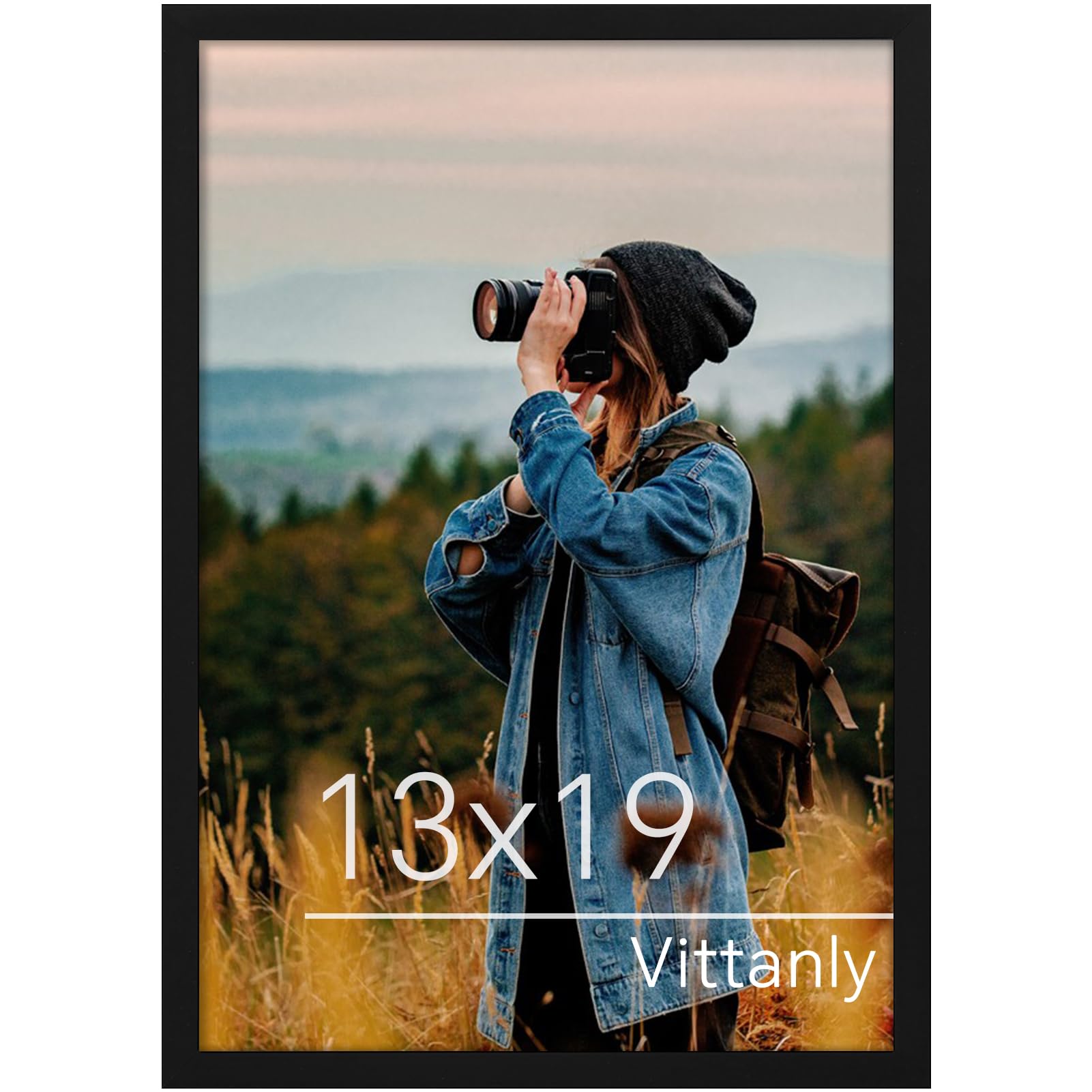 (2) vittanly 13x19 picture frame for wall, plexiglass, displays poster 11x17 with mat or 13x19 without mat, pvc frame material, horizontal or vertical hanging, 1 pack, black