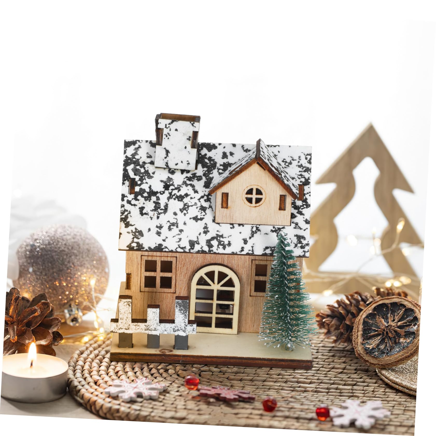 3 Pezzi Villaggio Natalizio in Legno con Illuminazione a LED Mini Case Rustiche per Decorazioni Natalizie su Mensola Stufa e Centro Tavola Decorazione Natalizia Fai da Te