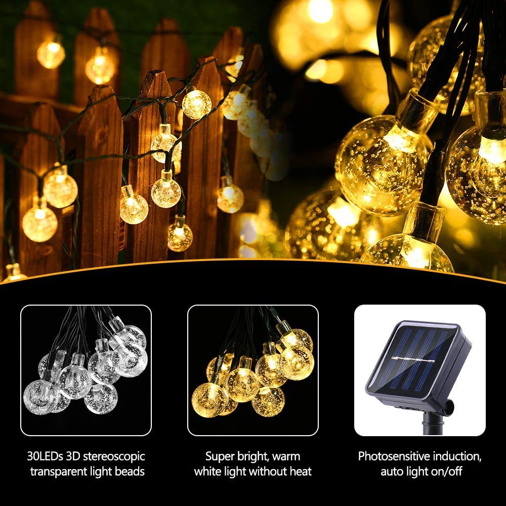 PhilzOps Catena Luminosa Solare Esterno, 6.5M 30 LED Bianco Caldo Luce Stringa Solari 8 Modalità Impermeabile Cristallo Lucine per Esterni Casa Giardino Patio Festa Matrimonio Natale Decorazione