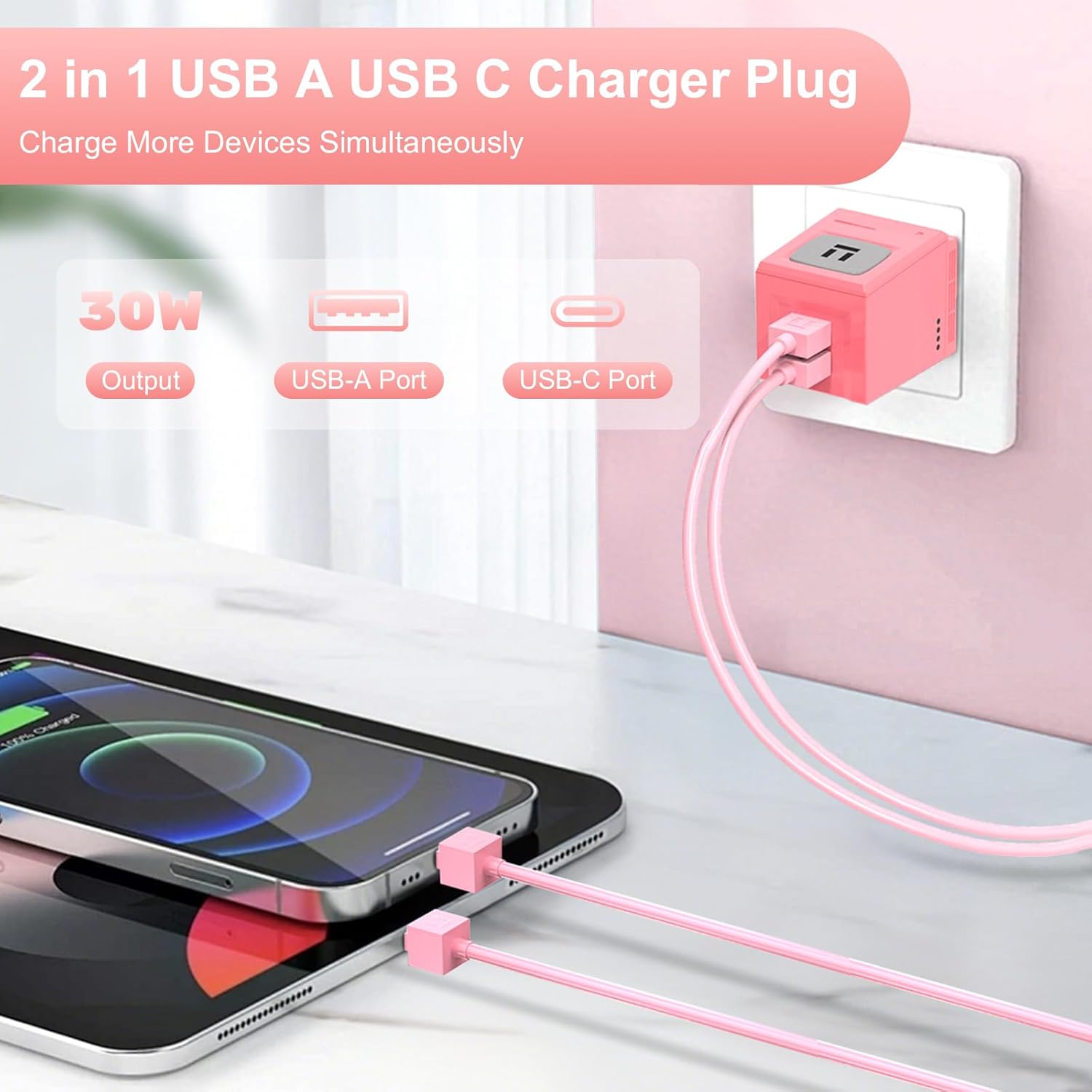 Aolcev for iPhone Charger Fast Charging 2 in 1 USB A USB C Charger Block Robot 30W Type C Fast Charging Blocks for iPhone 17 16 15 14 13 iPad Cute USB C Adapter for Galaxy S25 S24 Pink - Image 5