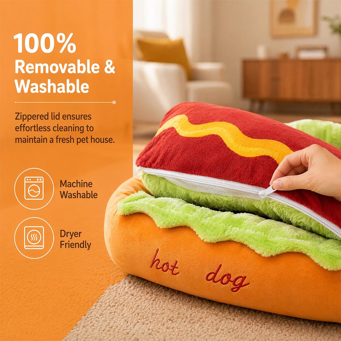 Cama Hot Dog para Perro Salchicha, Sofá de Peluche en Forma de Pan para Perros Pequeños y Gatos, Colchoneta Extraíble Lavable y Base Antideslizante (Hot Dog Bed,XL)