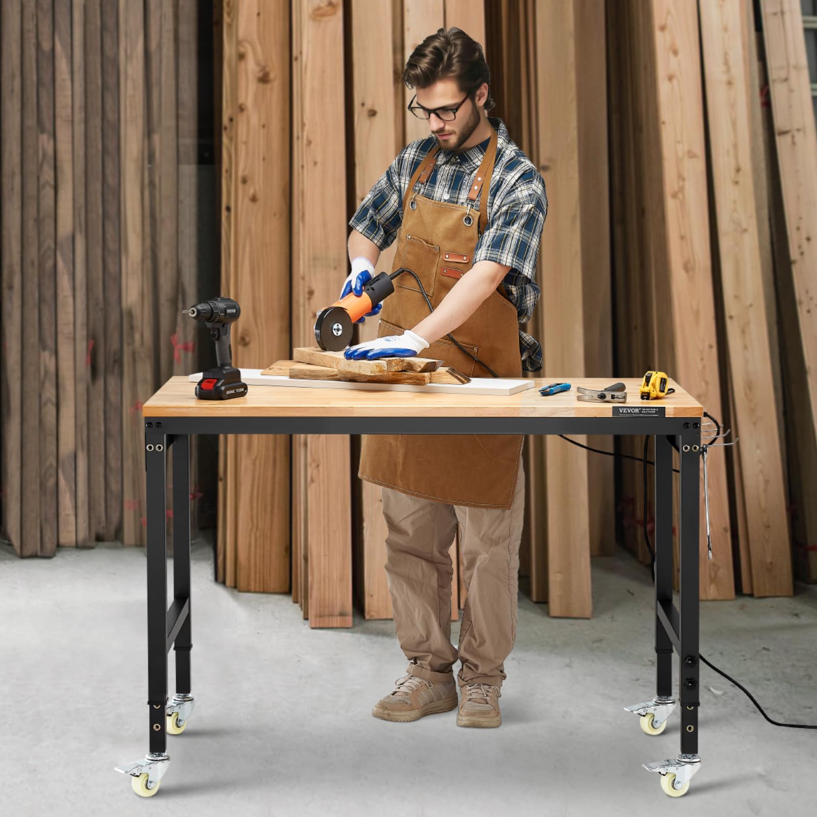 VEVOR Werkbank 1220x610x711-1003mm, 907 Tragkraft, Werkbank mit Steckdose, Rädern und Stecktafel, robuster Arbeitstisch mit Eichenholzplatte für Garage, Werkstatt, Büro und Zuhause