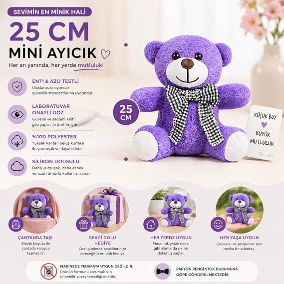 Pelüş Piti Kareli Pelüş Ayı,Siyah Beyaz Fiyonklu Ayıcık,Sevimli Fiyonklu Ayıck,Papyonlu Ayıcık,Doldurulabilir Oyuncak,Ofis Hediyesi (Lila)