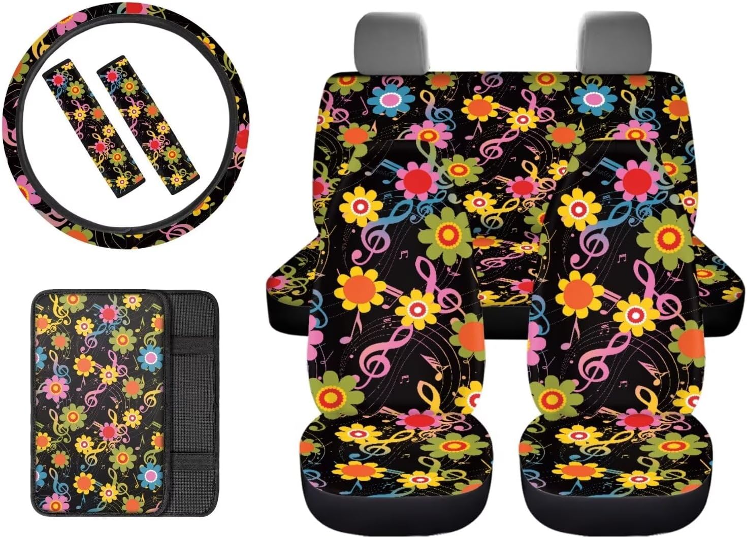 Belidome Music Note Hippie Flower Car Seat Covers for Women Steering Wheel Cover Seatbelt Pads Armrest Protector 8 Pack Auto Interior Decor Accessories