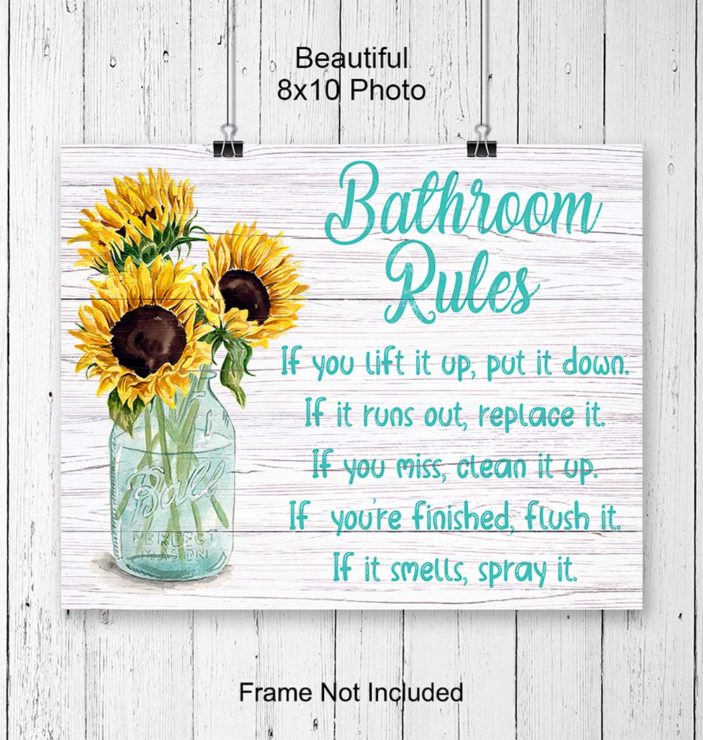 Bathroom Rules Wall Decor - Sunflower Wall Decor - Rustic Country Farmhouse Bathroom Decor - Powder Room Decor - Funny Blue Bathroom Decor - Restroom Sign - Bath Wall Art - Decorations - Unframed 8x10