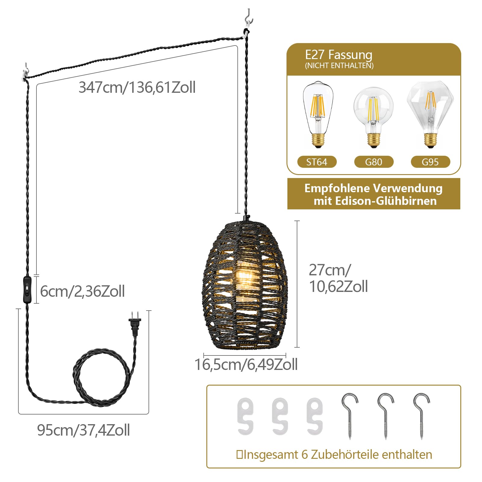 ZPBSJ Rattan Plug in Pendant Light Boho Chandelier Black Height Adjustable Pendant Lights E27 Pendant Lamp for Bedroom Living Room Farmhouse(1Pack) - Image 4