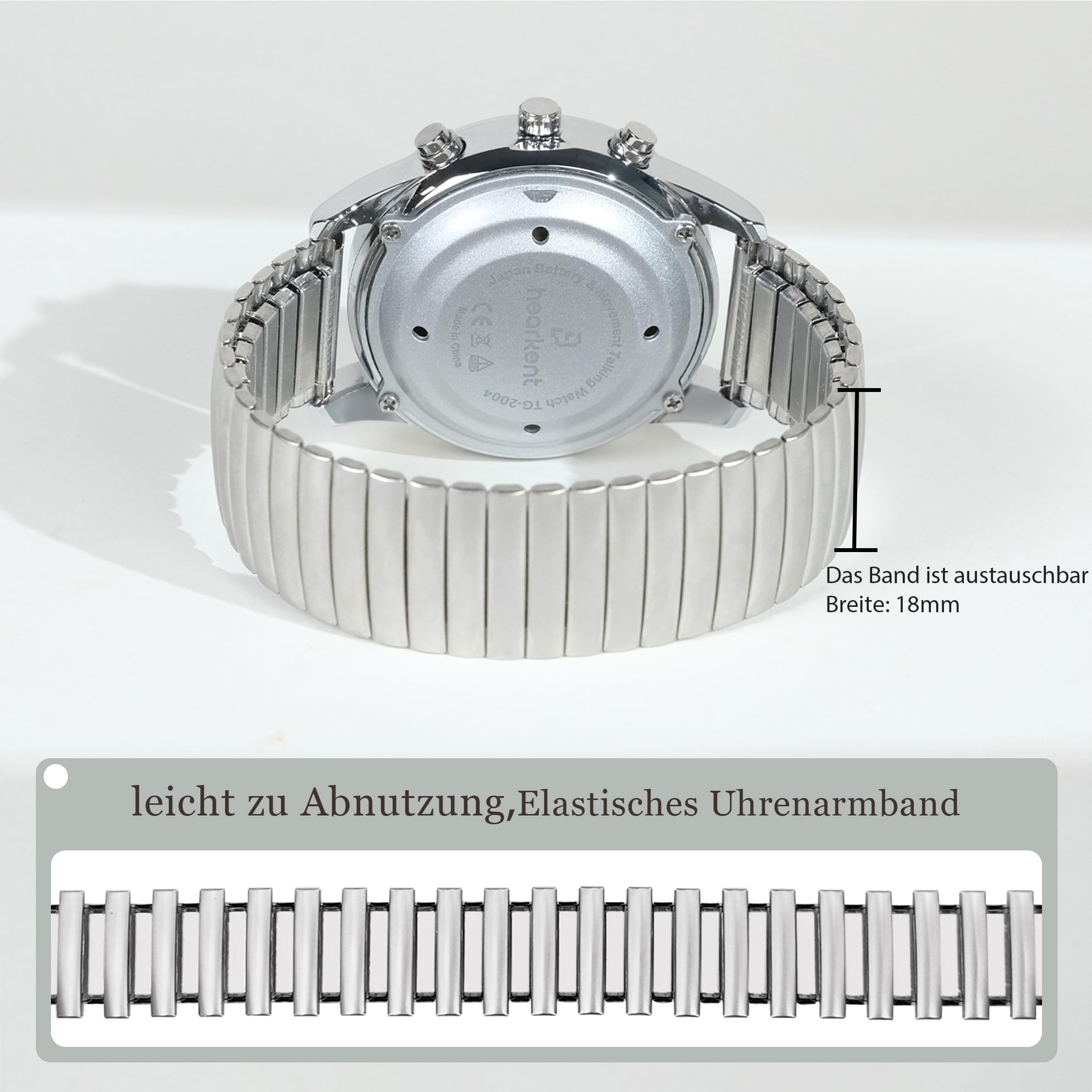 Hearkent Orologio parlante da donna per anziani ciechi con disabilità visiva, voce forte e chiara, parla tedesco, argento, Bracciale