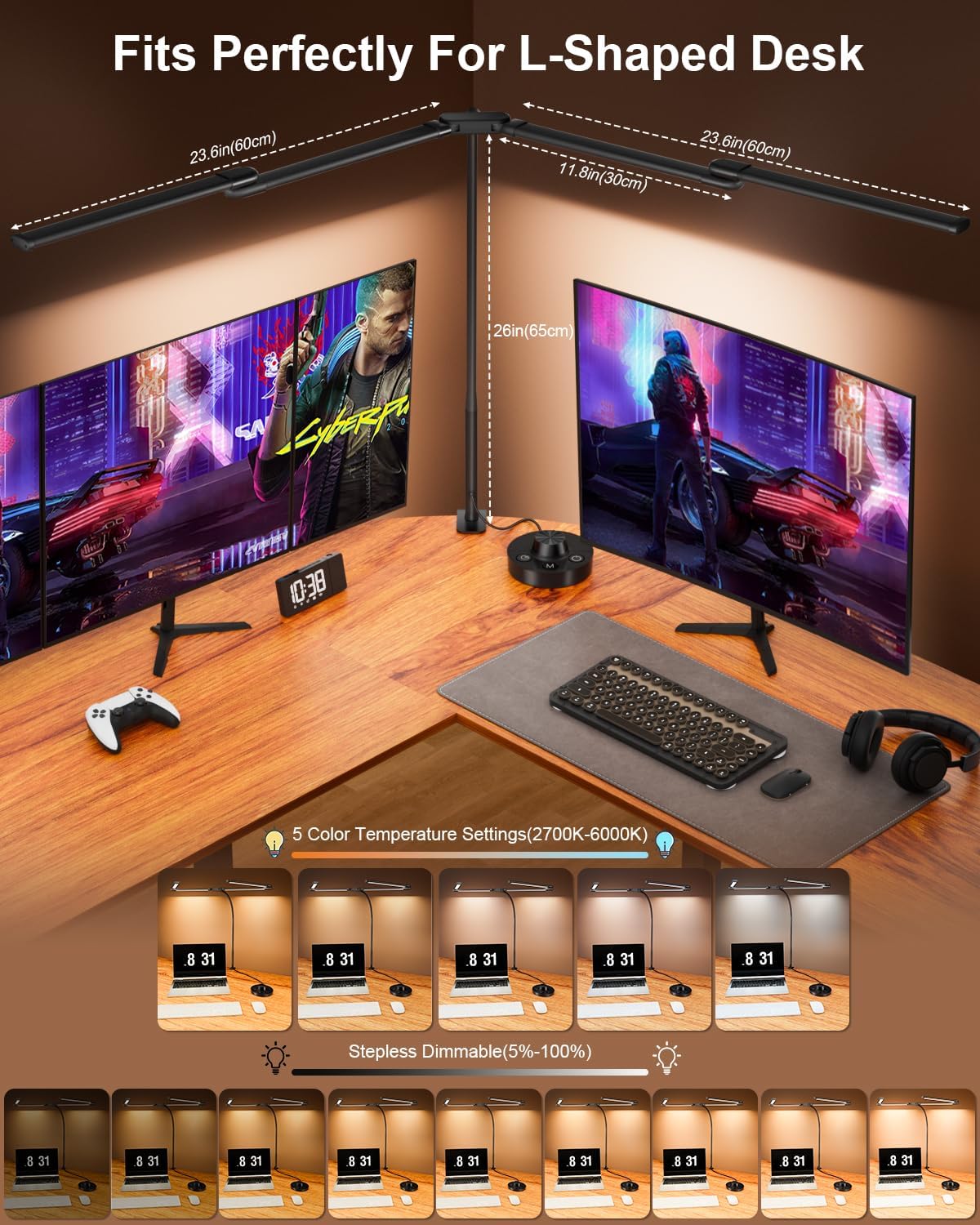 Desk Lamp Clamp Light 24W, Ultra Wide 4 Head Bars, 5 Color Modes Dimming, Multi-Screen Setup Desk Light for Office, Architect (Black, Adapter Included)