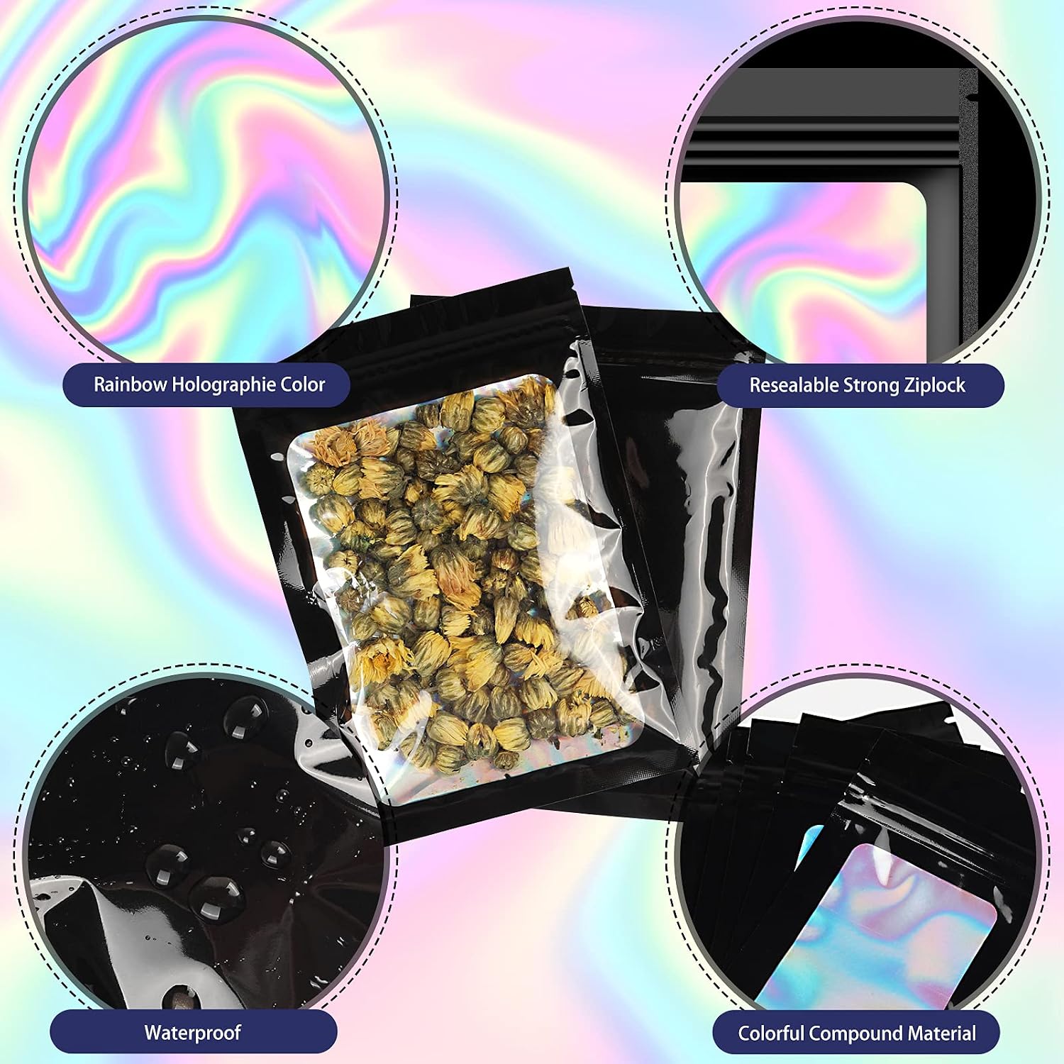 120 PCS Smell Proof Mylar Bags Resealable Odor Proof Bags Holographic Packaging Pouch Bag with Clear Window for Food Storage Jewelry Candy Electronics Storage, 4 Sizes (Black Each Size 30pcs) image 3