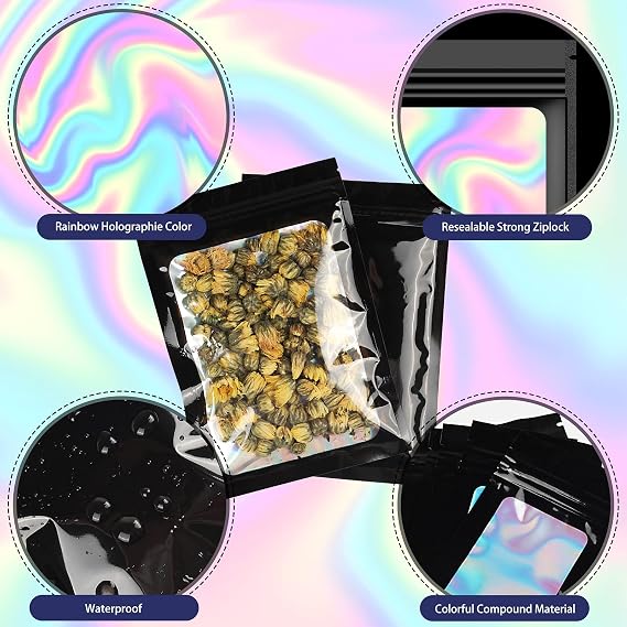 120 PCS Smell Proof Mylar Bags Resealable Holographic Packaging Pouch with Clear Window for Food Eyelash Jewelry Candy Electronics Storage, 4 Sizes (Black) (BLACK)