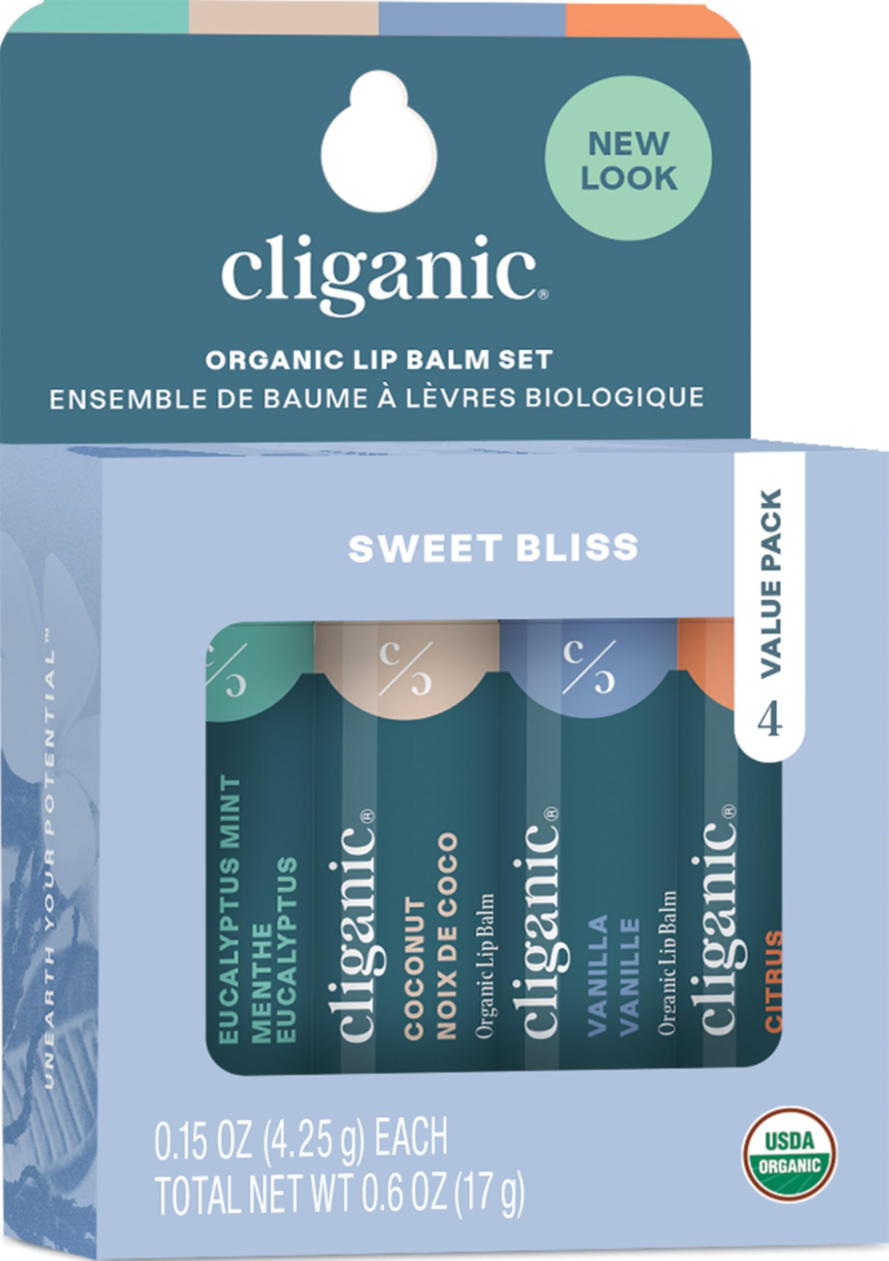 Cliganic Organic Lip Balm Set, 4 Flavors 100% Natural for Dry Cracked Lips