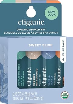 Cliganic Organic Lip Balm Set - 4 Flavors - Natural Hydrating for Cracked Dry Lips