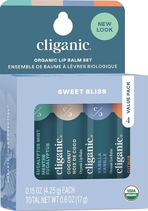 Cliganic Organic Lip Balm Set - 4 Flavors - Natural Hydrating for Cracked Dry Lips
