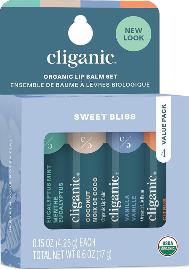 Cliganic Organic Lip Balm Set - 4 Flavors - Natural Hydrating for Cracked Dry Lips
