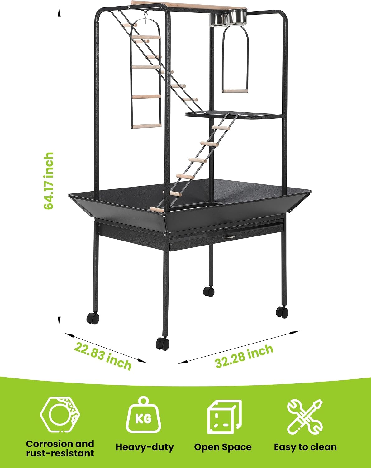 Pet Products Parrot Playstand with Wheels, Bird Cage Stand Activity Play Center with Perches and Ladders, Indoor Outdoor Playground for Birds, Black Hammertone Finish