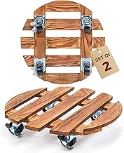 Bamworld Wooden Plant Trolley with Swivel Wheels, Set of 2 Round Pot Stands, Movable Base for Indoor and Outdoor, Durable and Easy to Move