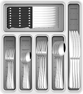 49-Piece Cutlery Set with Organizer, Stainless Steel Silverware Set Service for 8 with Steak Knives and Utensils