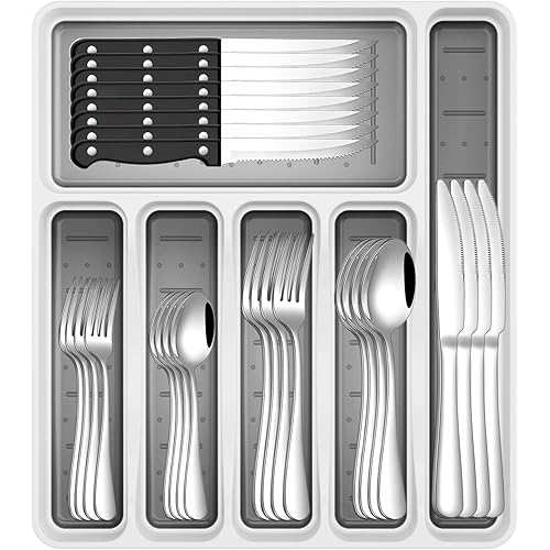 49-Piece Silverware Set with Organizer, Stainless Steel Flatware Utensils Set for 8, Forks and Spoons Silverware Set Cutlery Set with Steak Knives, Dishwasher Safe