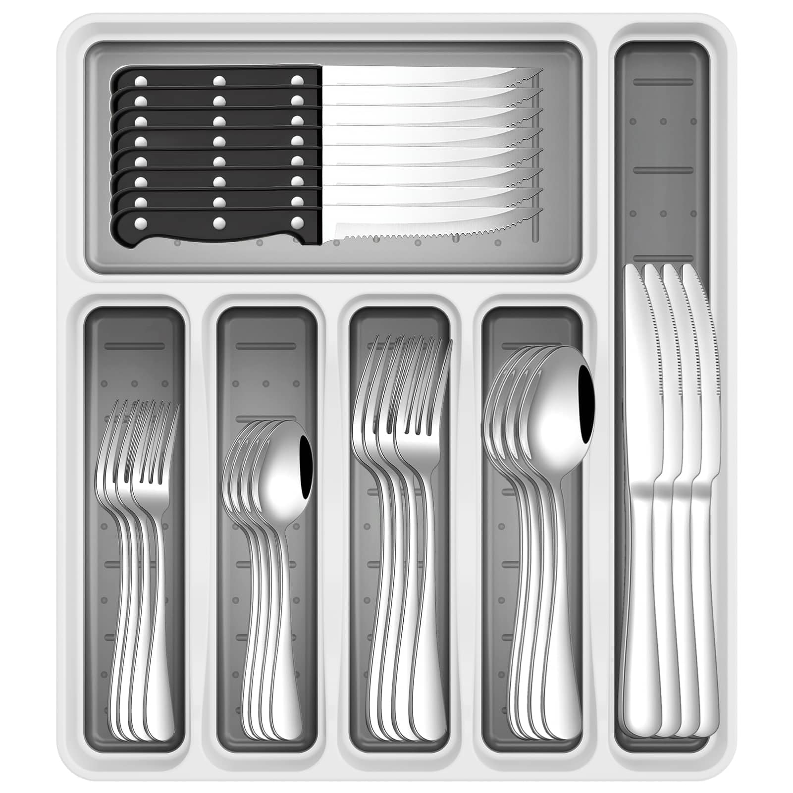 JUNLIN 49-Piece Stainless Steel Silverware Set with Cutlery Organizer, Service for 8 with Steak Knives and Kitchen Utensils