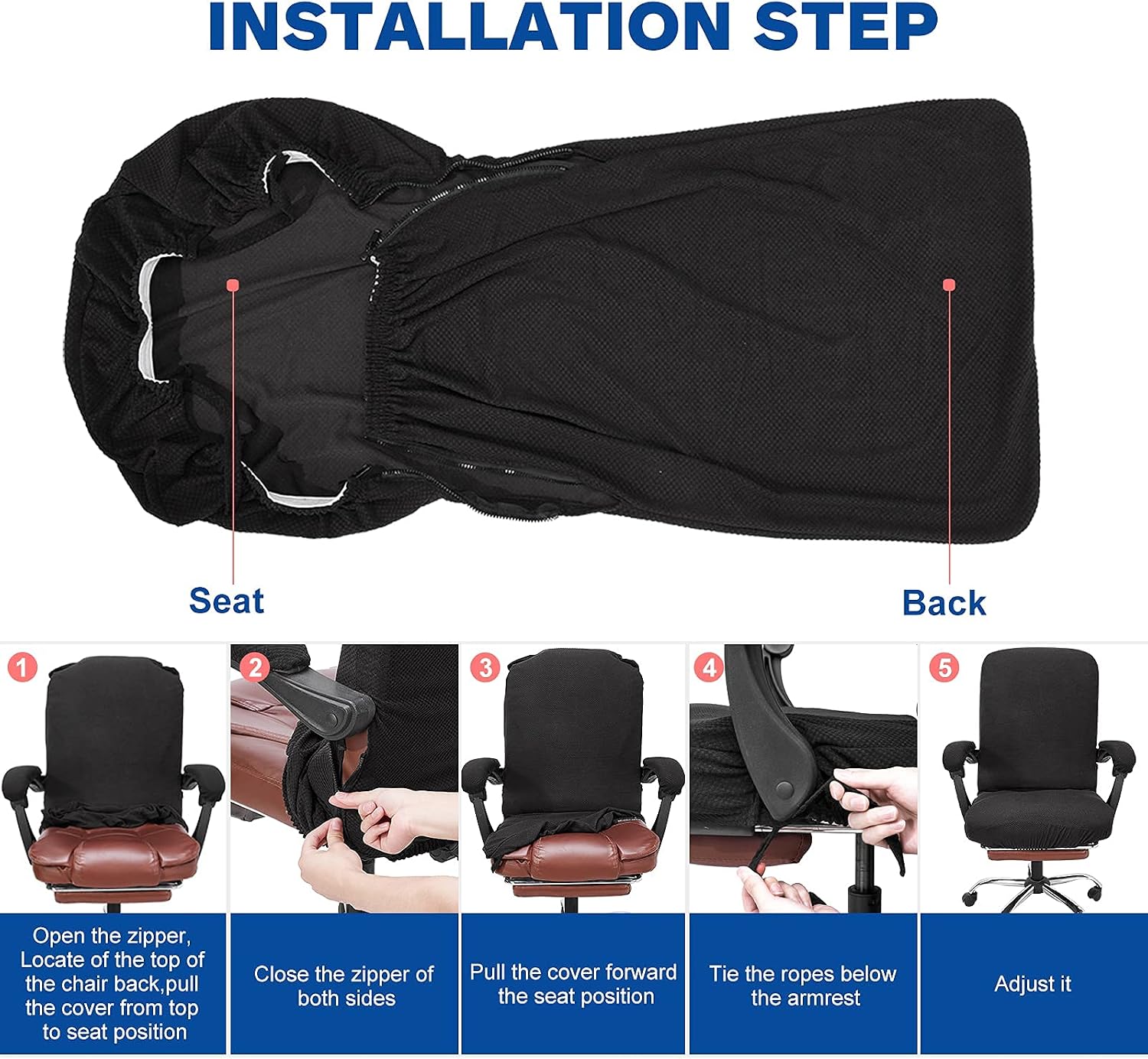 NeColorLife Office Chair Cover with Armrest Covers Stretchable Desk Chair Cover Thick Checked Jacquard High Back Office Seat Cover for Universal Rotating Chair (Large Size,Black)
