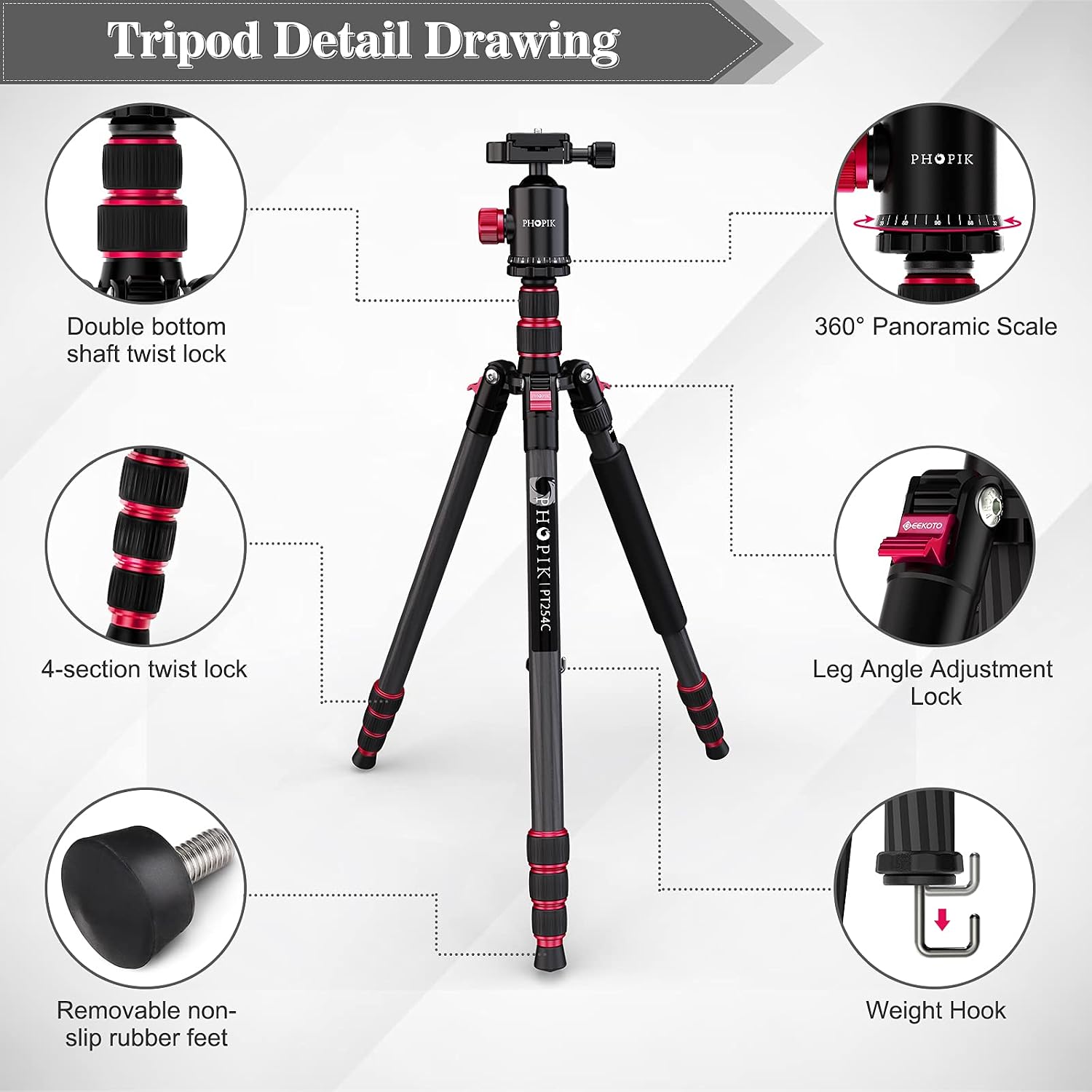 PHOPIK 79 inches Carbon Fiber Camera Tripod Monopod with 360 Degree Ball Head,1/4 inch Quick Shoe Plate,Professional Tripod Load up to 26.5 pounds, 2 in 1 Collapsible Ultra Lightweight Travel Tripod