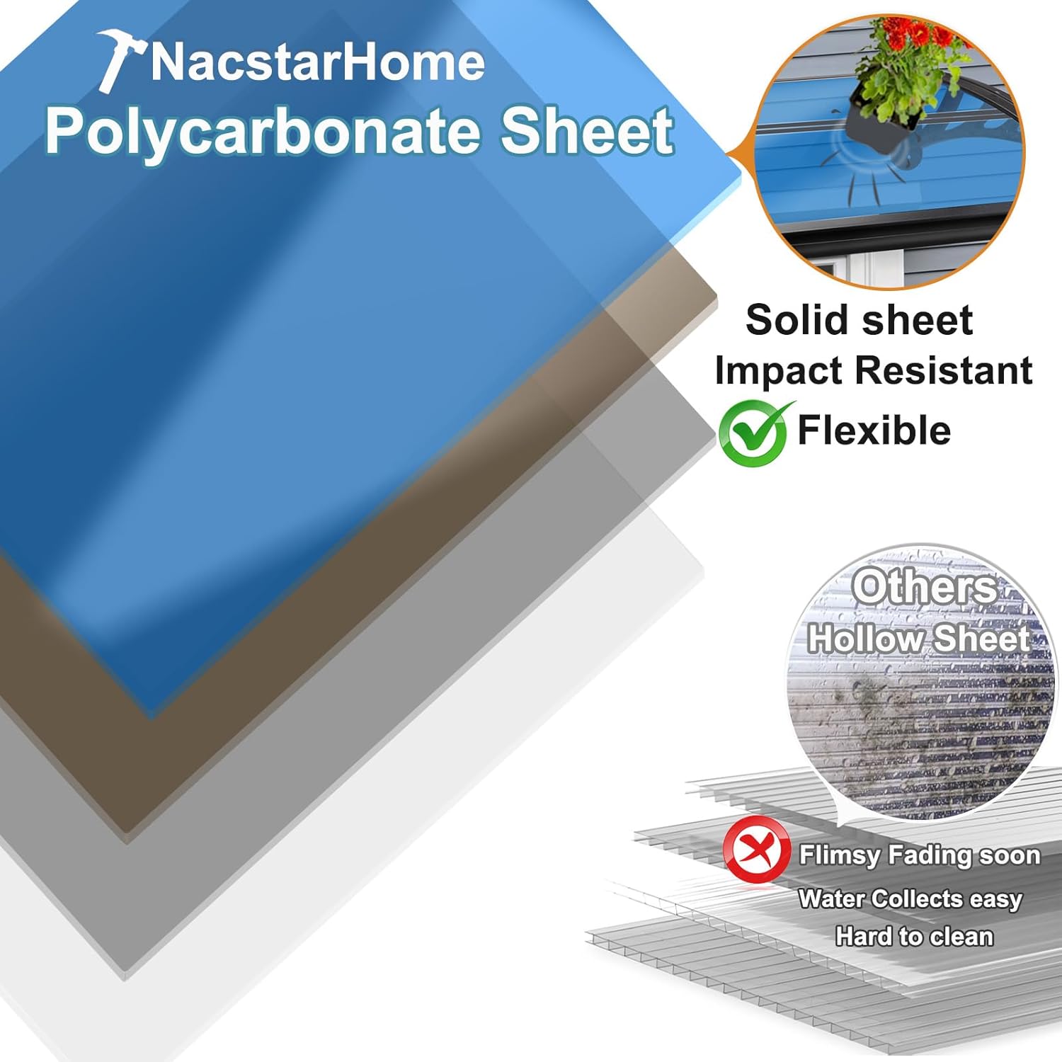 Door Canopy Window Awning, 24" x 31" Awnings Overhead for Patio Doors Exterior Outside Rain Sun UPF 50+ UV Protection, Brown Transparent Polycarbonate Panel Cover