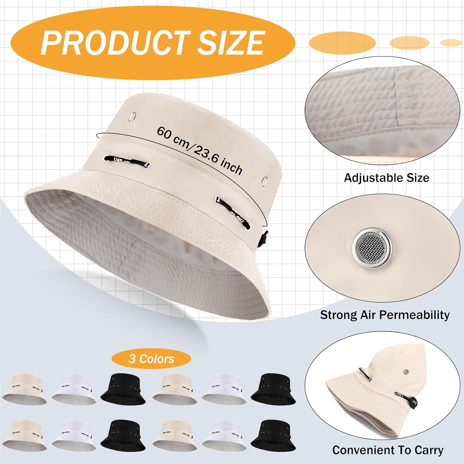 Didaey 12 Pcs Bucket Hat Summer Adjustable UV Protection Hat Bulk Wide Brim with Strings for Beach Camping Hiking