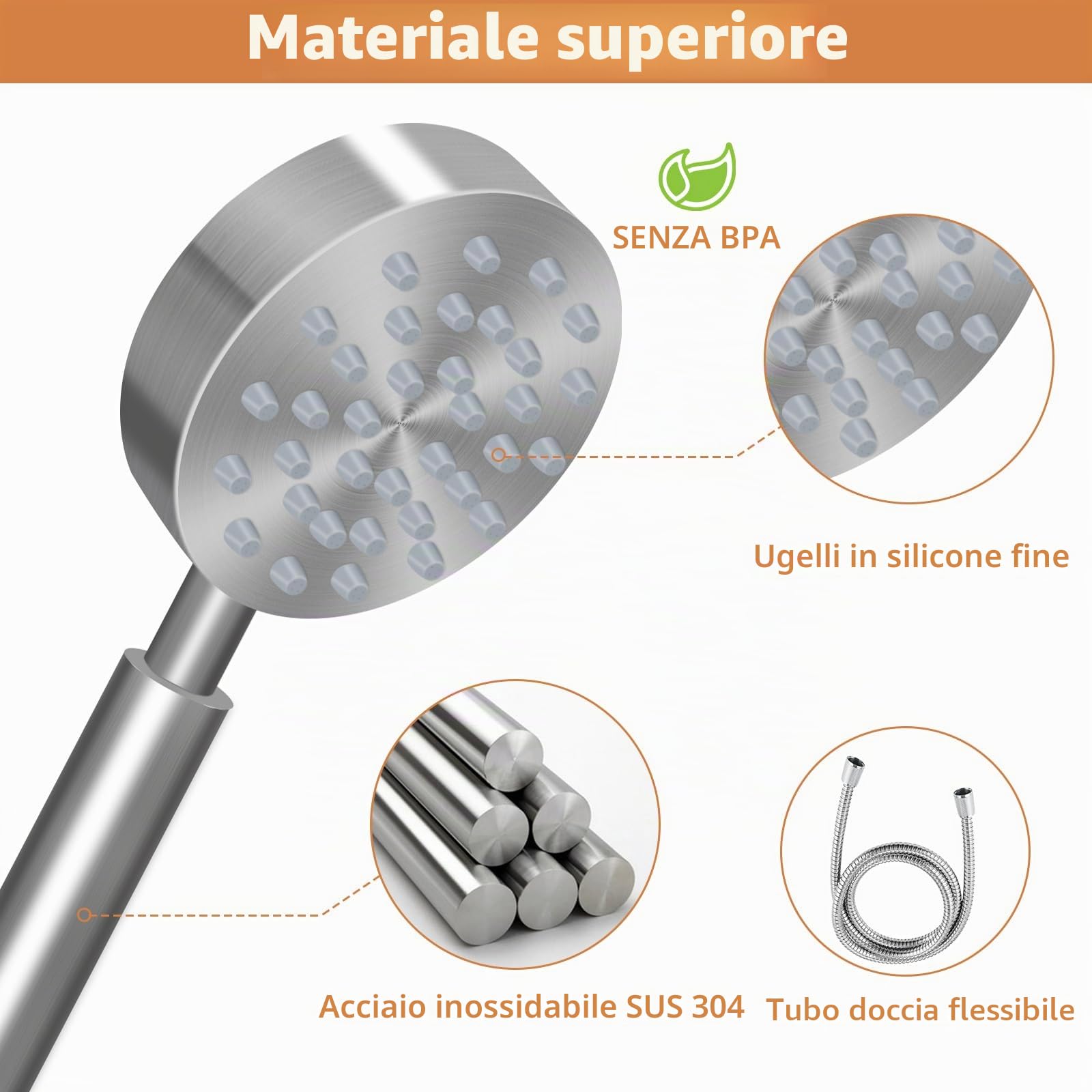Soffione doccia in acciaio inox con tubo, doccetta in metallo, doccetta ad alta pressione, per risparmiare acqua, soffione doccia a pioggia con ugello forte per bagno, spa, pulizia vasca, spazzolata